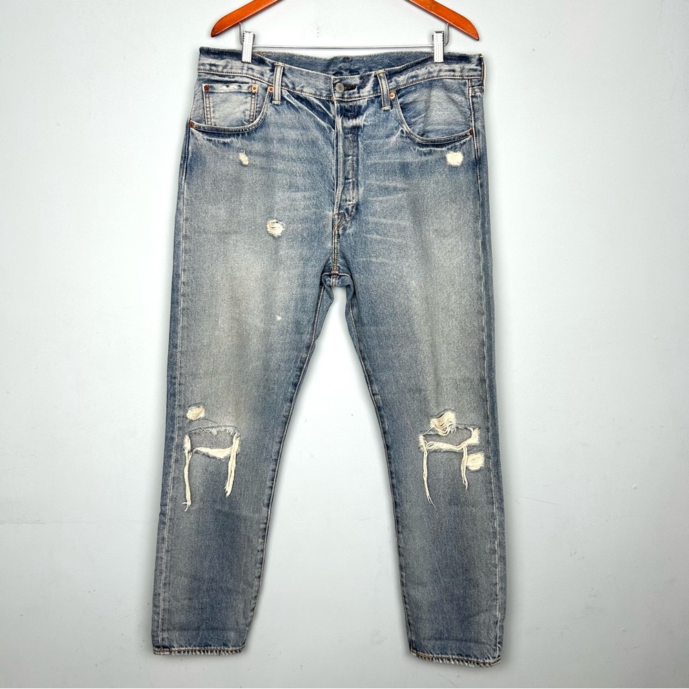 Levi’s 501 36X32 men’s button fly distressed straight leg jeans light blue